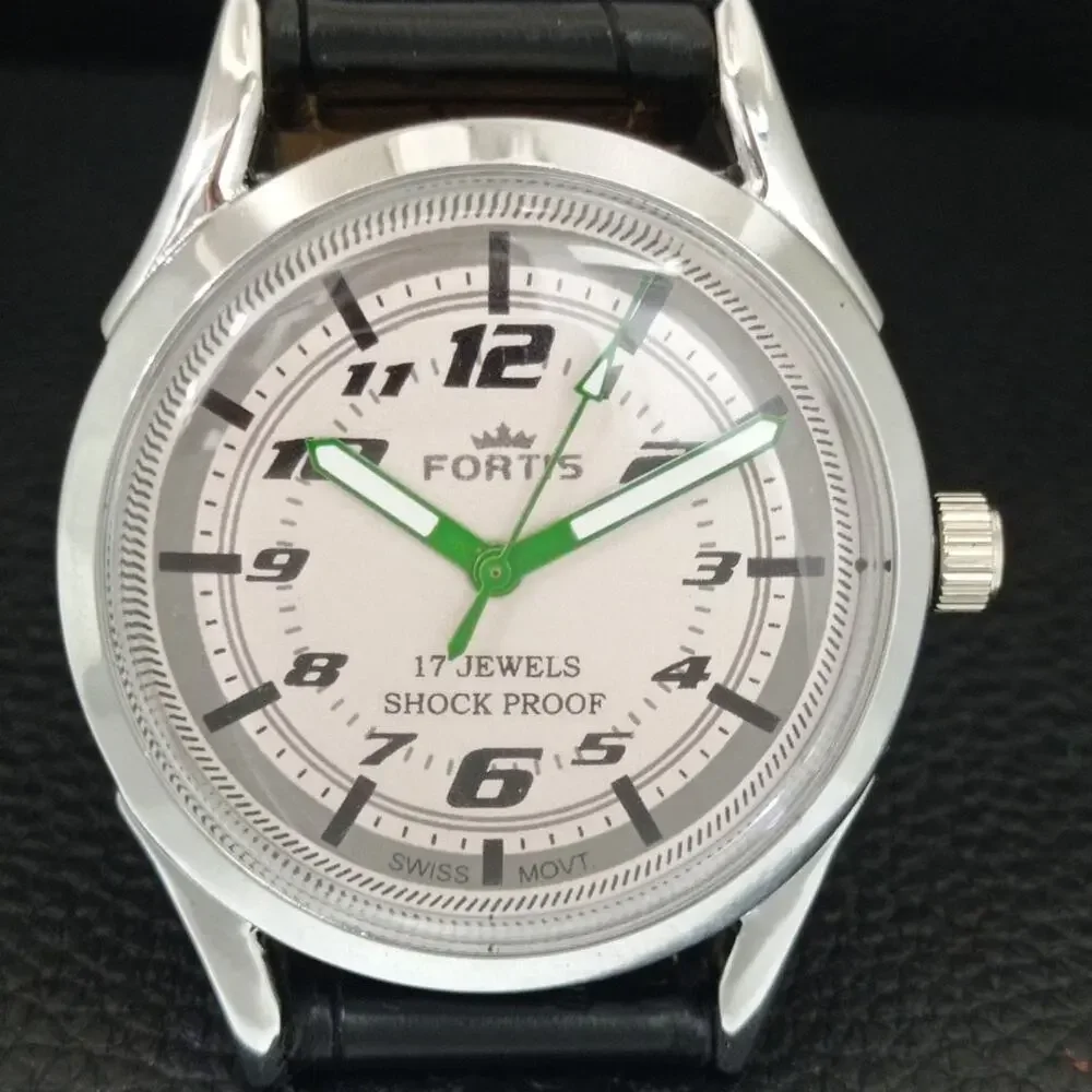 Vintage 1975 Fortis Manual Mens Silver Watch W/Leather Strap & Green accents